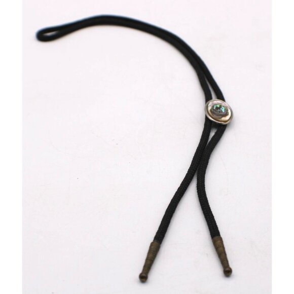 Vintage Western Bolo Tie Abalone Shell Oval Slide Black Braided Cord Brass Tips - Picture 3 of 9